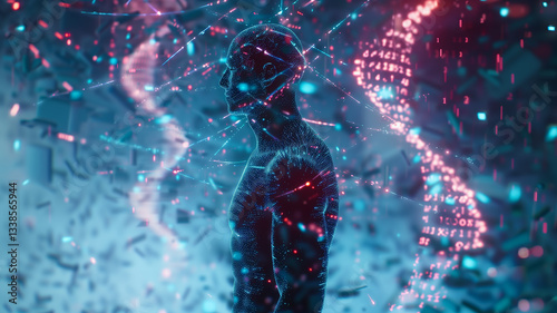 This human silhouette is surrounded by vibrant genes and tech elements, symbolizing innovation.