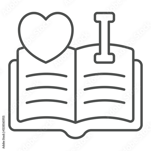 I love read at opened book thin line icon, reading book online concept. Vector graphics. Favorite textbook with heart shape sign on white background, outline style icon for mobile or web design.