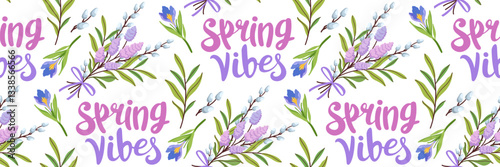 Spring vibes seamless pattern. Delicate floral background. Bouquet of seasonal flowers, willow branches, crocuses and lilac. For wallpaper, textiles, wrapping paper, postcards. Vector illustration.