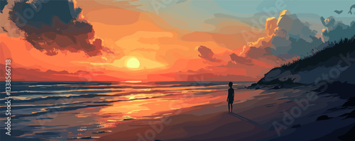 Silhouette watching sunset on tranquil beach with vibrant sky and ocean waves.