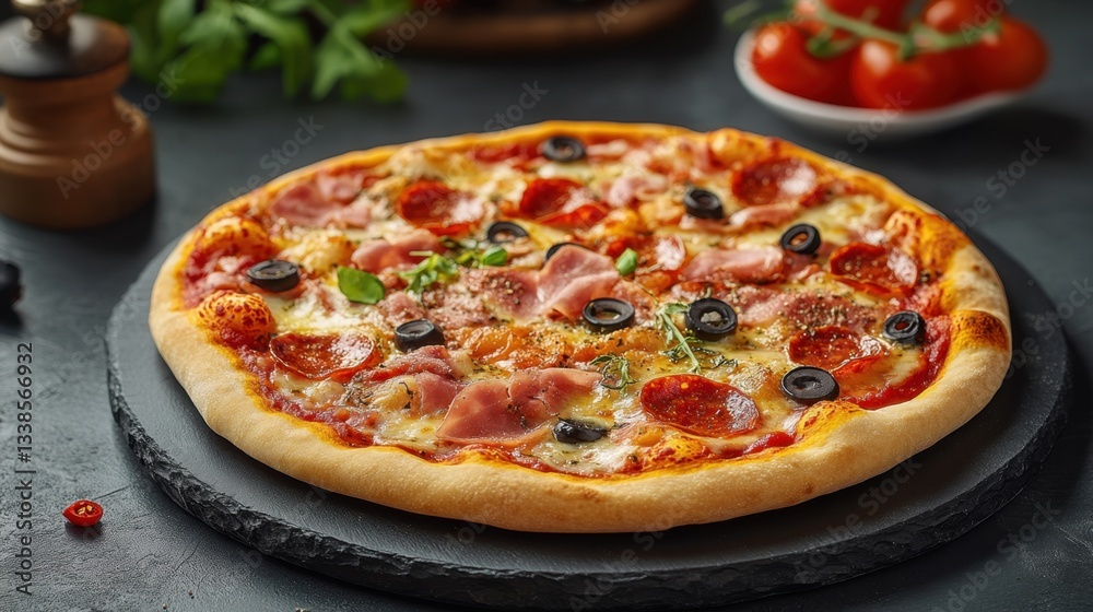 Appetizing pizza with pepperoni ham and black olives on a dark stone plate with tomatoes and basil in the background a culinary masterpiece Appetizing pizza with pepperoni ham and black olives on a dark stone plate with tomatoes and basil in the background a culinary masterpiece