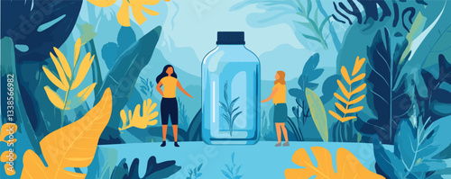 Women observing large bottle in vibrant tropical jungle scenery with lush foliage.