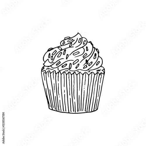 Cupcake with a swirl of frosting and sprinkles on top vector hand drawn.