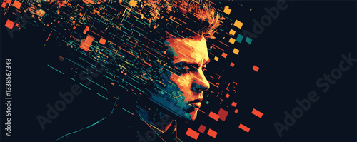 Abstract portrait of a man with digital glitch effect in vibrant colors.