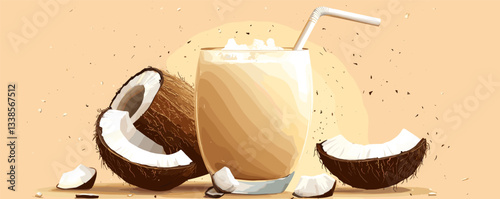 Tropical coconut smoothie with straw, surrounded by fresh halves and pieces on pastel background.