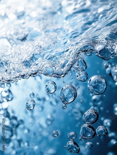 Captivating close up of water bubbles rising in clear blue liquid creating a refreshing and serene aquatic atmosphere with depth of field