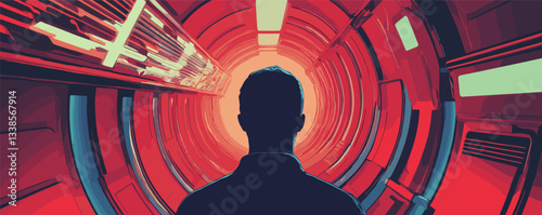 Man silhouetted against futuristic tunnel with neon red and orange light.