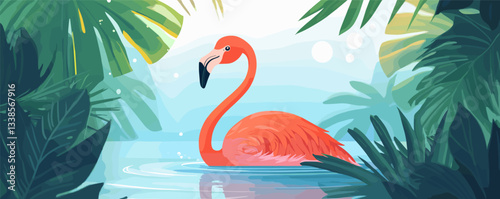 Vibrant flamingo in tropical lagoon surrounded by lush greenery.