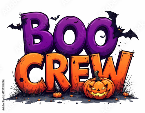 Boo Crew lettering, Purple scary Spooky lettering with pumpkin and bats, Halloween background with pumpkins, Halloween text wording design art illustration, happy halloween card