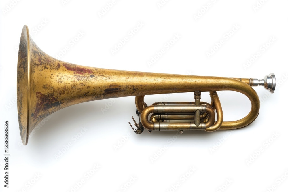 Obraz premium A vintage-style brass trumpet placed on a clean and minimalist white background
