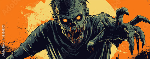 Terrifying zombie reaching out with glowing eyes against orange background in comic style.