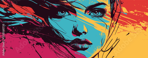 Colorful abstract portrait of woman with expressive eyes in vibrant red and blue pattern.