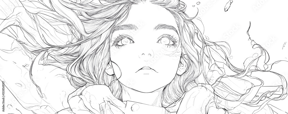 Fototapeta premium Anime girl staring upward with flowing hair and bubbles in line art drawing.