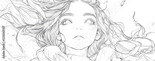 Anime girl staring upward with flowing hair and bubbles in line art drawing.