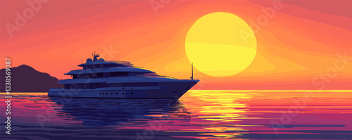Luxury yacht sailing at sunset with vibrant orange and pink sky reflections over water.