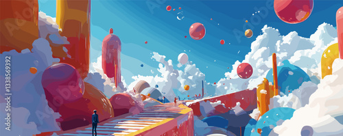 Surreal landscape with dreamlike clouds and vibrant floating spheres in abstract colors.
