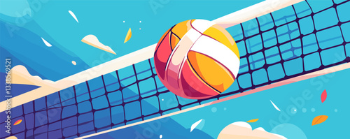 Vibrant volleyball scene with net and sky in dynamic motion.