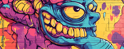Colorful graffiti monster mural with blue skull and bold yellow eyes on brick wall.