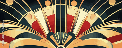 Art deco style abstract geometric design with bold colors and symmetrical pattern.