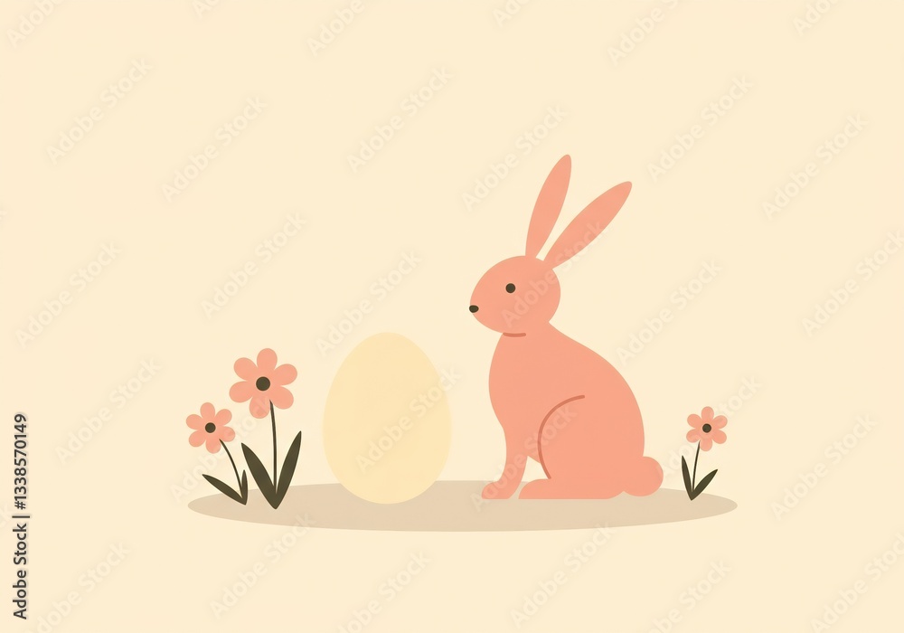 Fototapeta premium Simple Easter Illustration of a Bunny and Egg Surrounded by Flowers