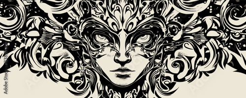 Intricate masked face with abstract patterns and floral design in black and white.