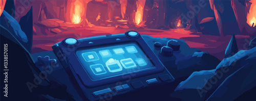 Futuristic control panel in fiery underground lava cave with glowing flames.