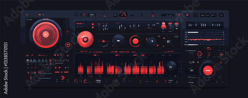 Futuristic audio mixing console with red and black controls in dark digital interface.