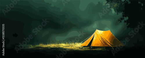 Illuminated yellow tent in forest at night with overhanging tree branches and grass.