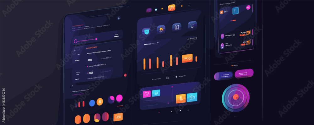 Modern dark-themed ui dashboard design with graphs and data visualizations. Modern dark-themed ui dashboard design with graphs and data visualizations.