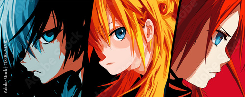 Three anime characters with intense expressions showcasing vibrant hair colors.
