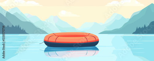 Orange inflatable raft floating on calm mountain lake with scenic landscape.