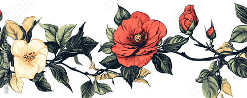 Vintage floral pattern with red and white flowers on vine with green leaves.