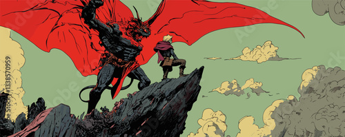Hero confronts demon on cliff with red wings in dynamic fantasy scene.