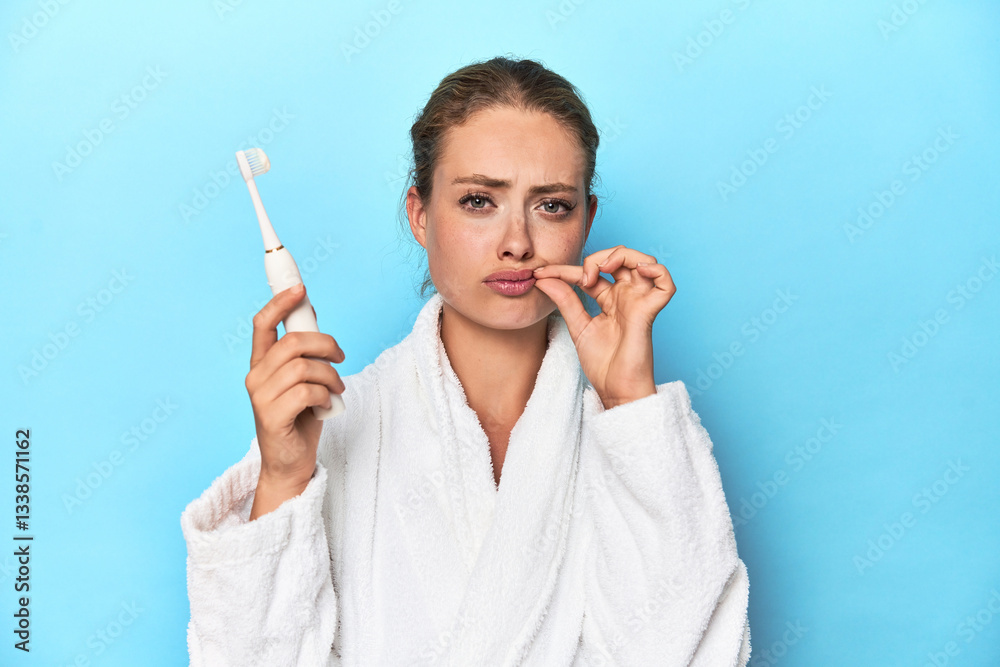 Blonde in bathrobe with electric toothbrush in studio with fingers on lips keeping a secret. Blonde in bathrobe with electric toothbrush in studio with fingers on lips keeping a secret.
