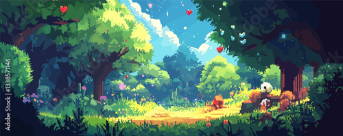Enchanting pixel art forest with heart balloons and sunlit pathway.