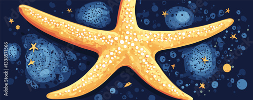 Vibrant yellow starfish surrounded by blue bubbles and stars on dark background.