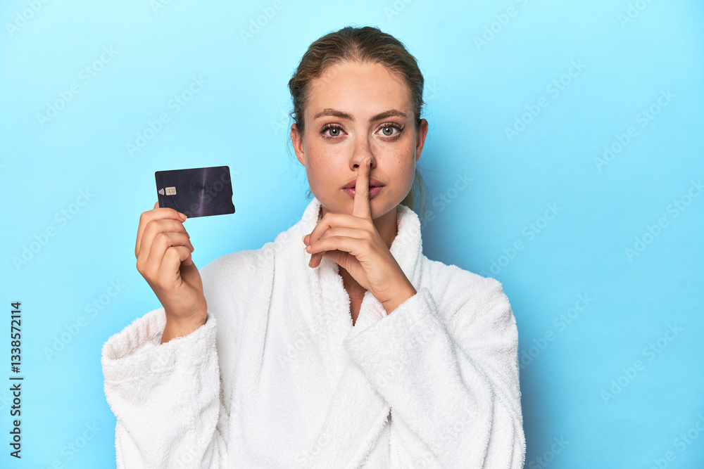 Blonde in bathrobe with credit card in blue studio keeping a secret or asking for silence. Blonde in bathrobe with credit card in blue studio keeping a secret or asking for silence.