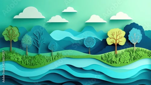 Colorful paper landscape with trees, mountains, and clouds in a layered design.