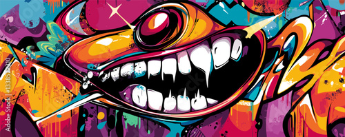 Colorful abstract graffiti art with bold cartoon character and vibrant patterns.