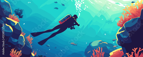 Scuba diver exploring vibrant coral reef in clear blue ocean waters.