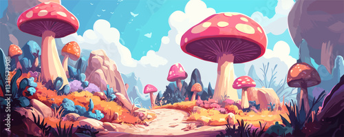 Magical forest pathway with giant mushrooms and vibrant flora under blue sky.