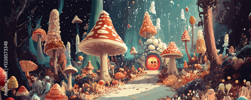 Enchanted forest with glowing mushrooms and pathway to fantasy cottage by night.