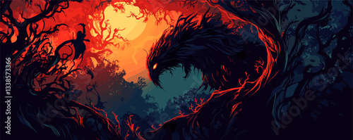 Mysterious creature in dark forest with moonlit sky and enchanted trees silhouette.