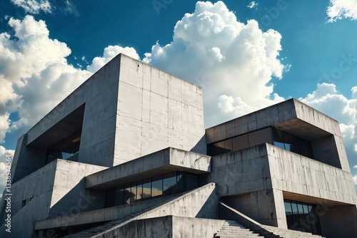 Wallpaper Mural Brutalistische Architektur mit massiven geometrischen Betonstrukturen, scharfen Winkeln, Glasflächen und sichtbaren Gussmarken unter blauem Himmel mit Wolken  
 Torontodigital.ca