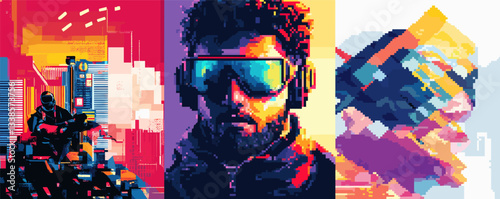 Futuristic portraits of individuals in cyberpunk style with digital pixel art and bold colors.