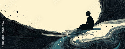 Silhouette of person meditating amid surreal abstract oceanic waves at twilight.