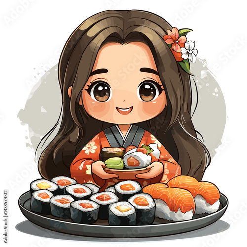 A joyful girl in a traditional kimono holds a plate of sushi. Her hair is styled with flowers, and she smiles warmly. The illustration features sushi, a cultural theme, and a vibrant color palette