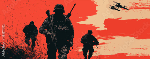 Military soldiers marching on battlefield with fighter jets overhead in dramatic silhouette.