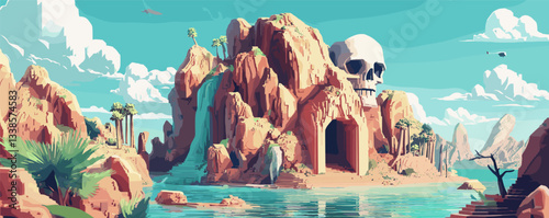 Mysterious island with skull cave and rocky cliffs by the ocean under a clear blue sky.