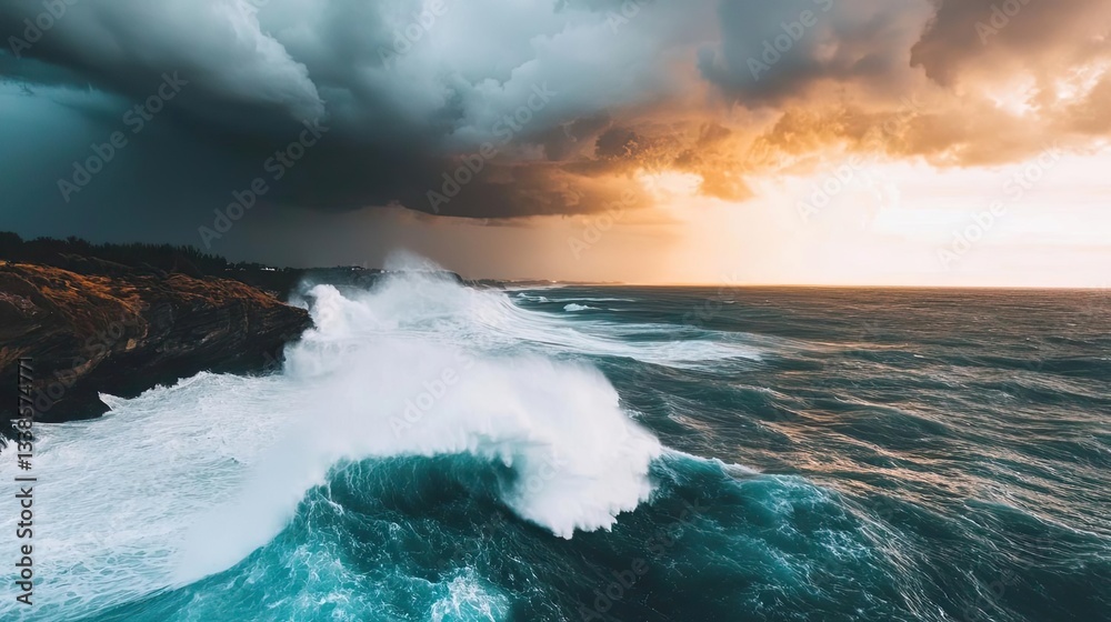Fototapeta premium Beach waves landscapes concept. Dramatic ocean waves crashing against rocky shore under a moody sky.